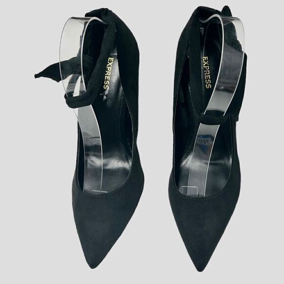 Express Black Fabric Faux Suede High Heels Ankle Strap Pointed Toe Stilettos - Picture 3 of 7